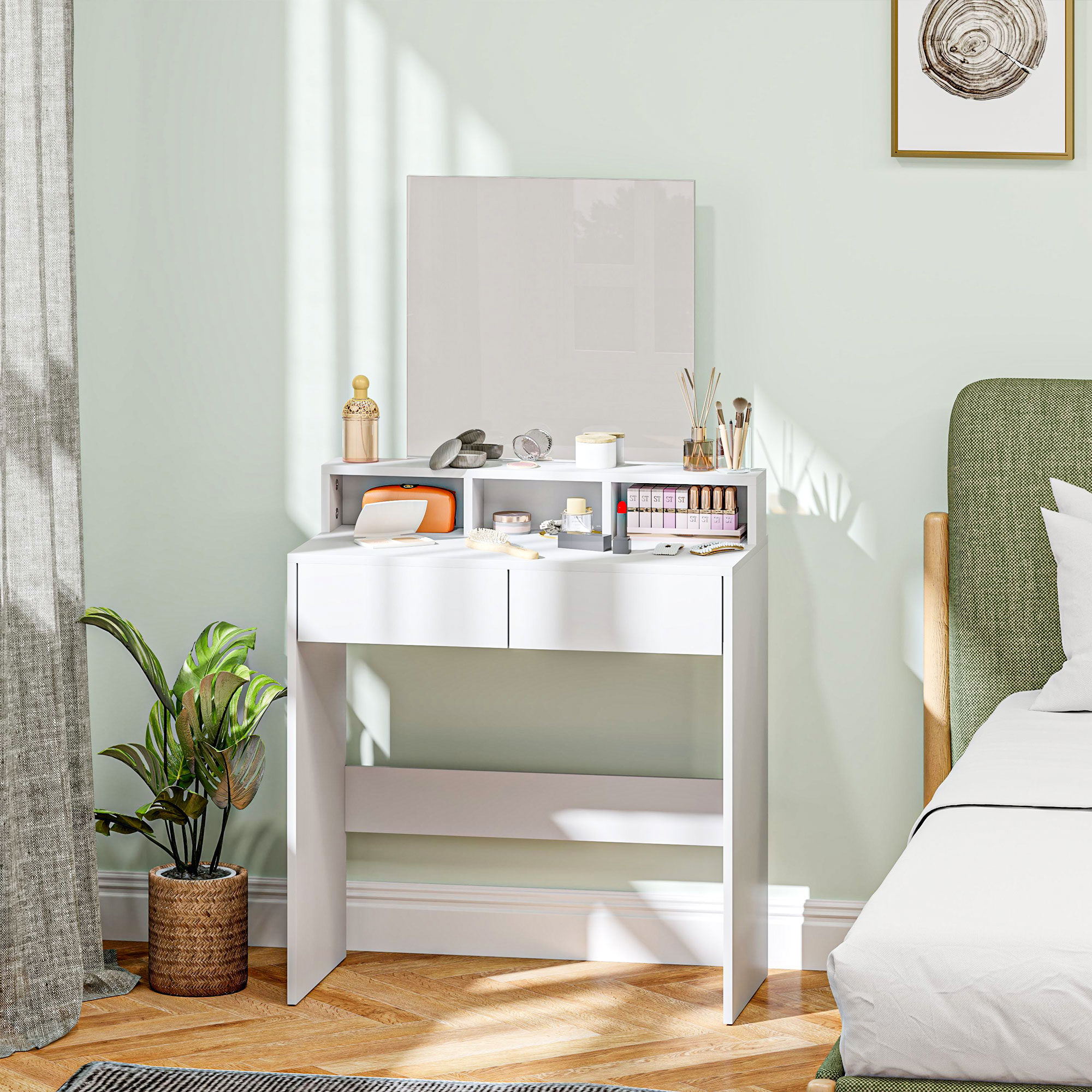 Homcom Postazione Trucco con Specchio, Toeletta Trucco con 2 Cassetti, 3 Scomparti, Salvaspazio, per Camera da Letto, Bianco   Aosom Italy