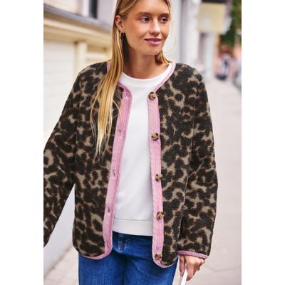 Cardigan STREET ONE STUDIO, Damen, Gr. 38, braun (schwarz), Stoff, 100% Polyester, normal normal, V-Ausschnitt, abgesteppt, Strickjacken, mit Leomuster