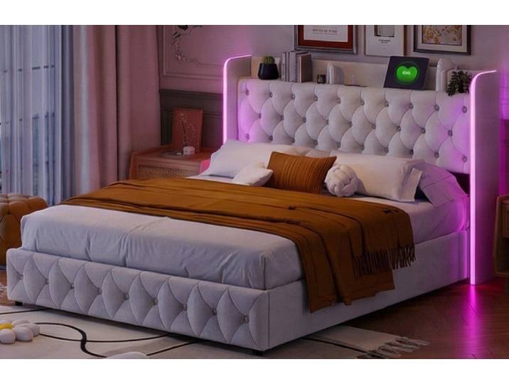 Simurq Polsterbett Doppelbett Bettrahmen mit Stauraum USB&LED-Beleuchtung