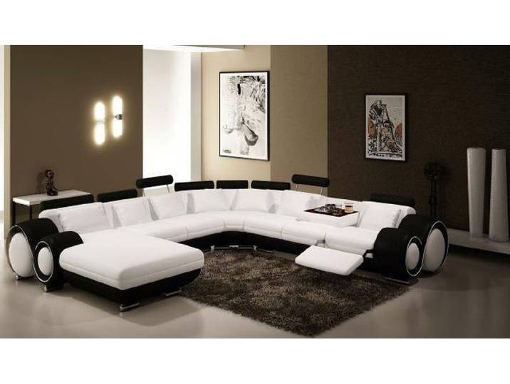 Xlmoebel Wohnlandschaft Leder Ecksofa in Weiß-Schwarz mit gestreifter Musterung von XLMOEBEL, Wohnlandschaft, Made in Europa
