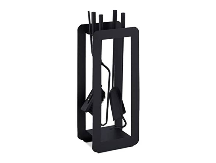 Relaxdays Serviteur de cheminée\, Moderne\, 5 pièces : tisonnier\, Pelle à Cendres\, Balai\, Pince et Support\, Noir