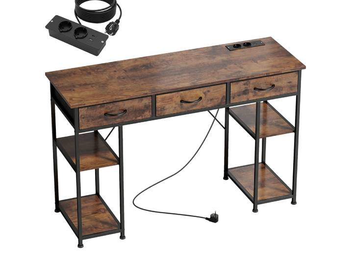 Bureau informatique prises électriques tiroirs étagères bois marron