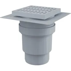 AlcaDrain Bodenablauf 150×150/110 mm mit einem senkrechten Abgang, Rost Grau, Manschette-2. Abdichtung, Geruchsverschluss mit Sperrwasser