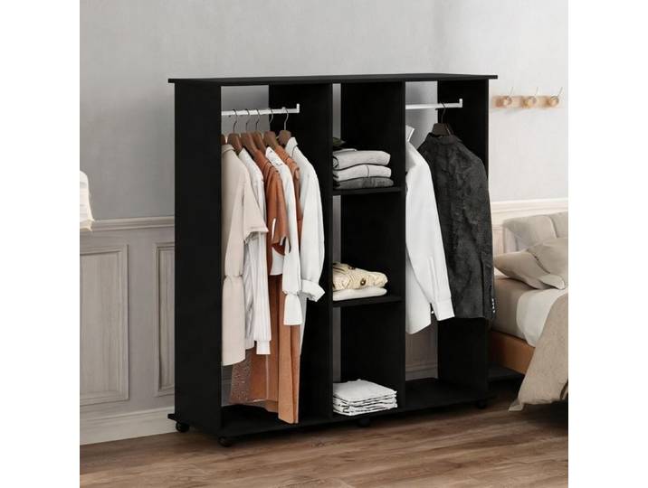 Armoire ouverte en bois noir 120x40x128 cm - penderie double barre et 3 étagères sur roulettes