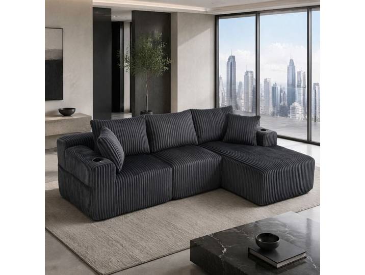 PENQUR Canapé d'angle modulable 3 places avec méridienne 257 x 160 cm velours côtelé gris