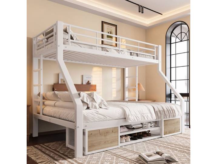 Lit superposé enfant avec armoire à chaussures et rangements blanc Maisentiel