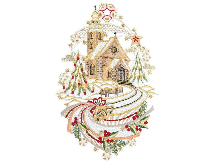 Fensterbild Weihnachtskirche Gr. 1, bunt (braun, goldfarben, rot), B:21cm H:32cm, Polyester, W. REUTER & SOHN - PLAUENER SPITZE, Fensterbilder, Fensterbild, Made in Germany