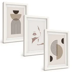 BILDER SET 3er Set - 20x30 cm Weißer Rahmen - Abstrakte Formen und Gesicht