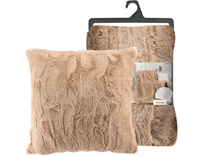 2er-Set Sofadecke 180 x 220 cm & Kuschelkissen 45 x 45 cm in Felloptik, sandfarbe