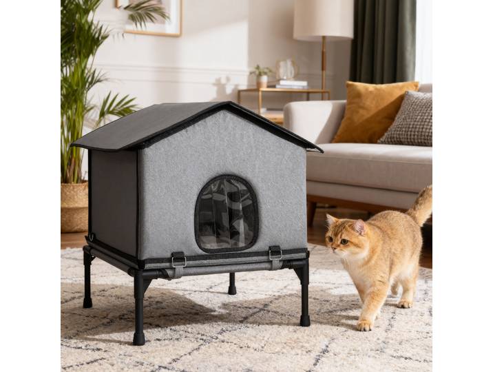 PawHut Maison Chat Pliable Surélevée 62x58,5x60cm Gris