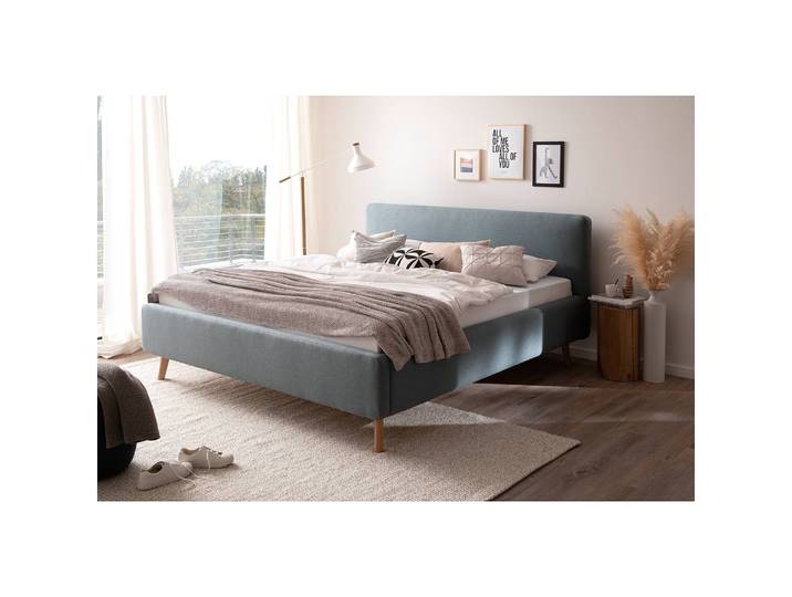 Polsterbett 160 x 200cm Webstoff Asha Blau/Eisblau mit Lattenrost Eiche