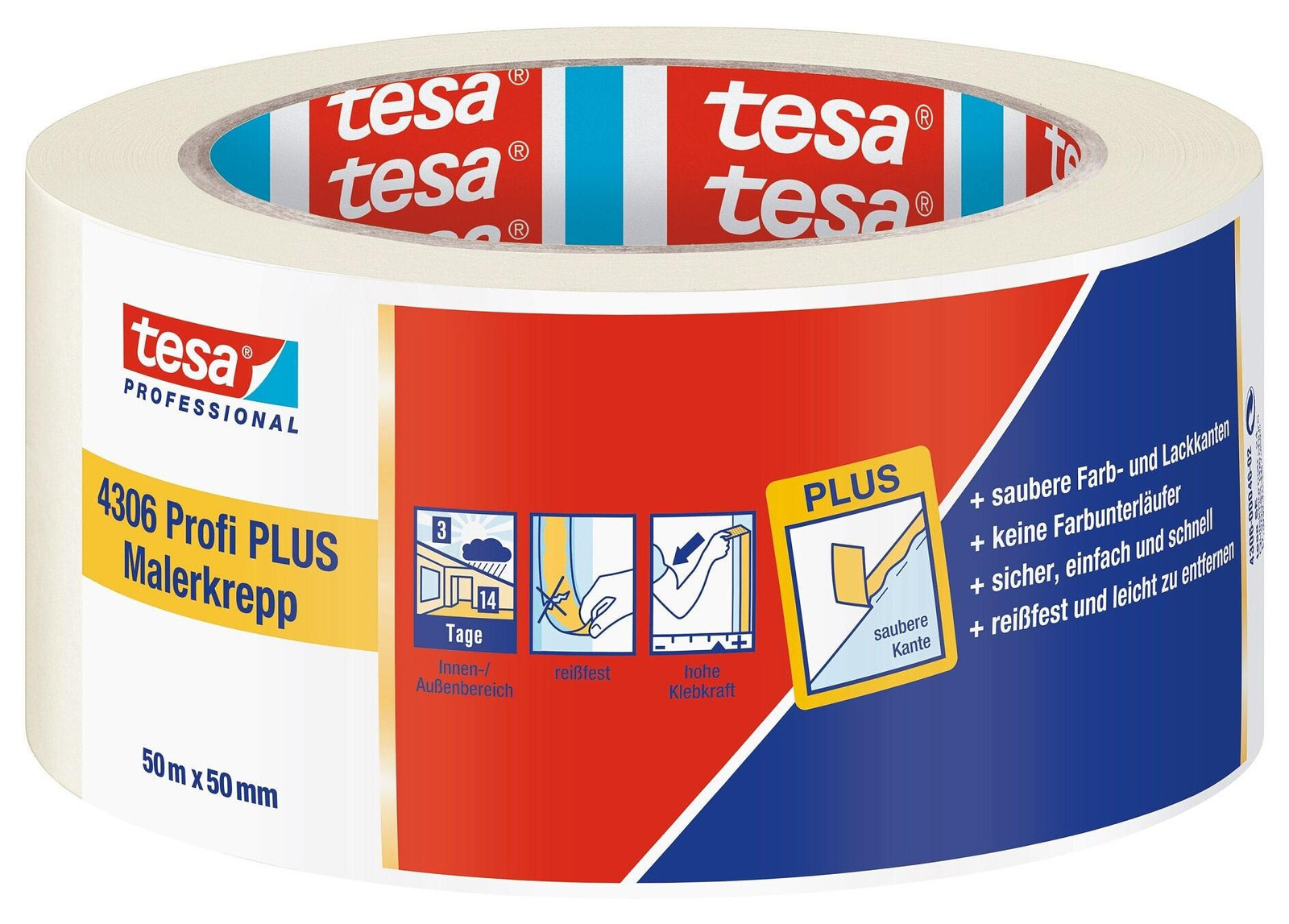tesa Schilderstape 4306 Profi PLUS, lichtbeige, Breedte: 50 mm, Lengte: 50 meter