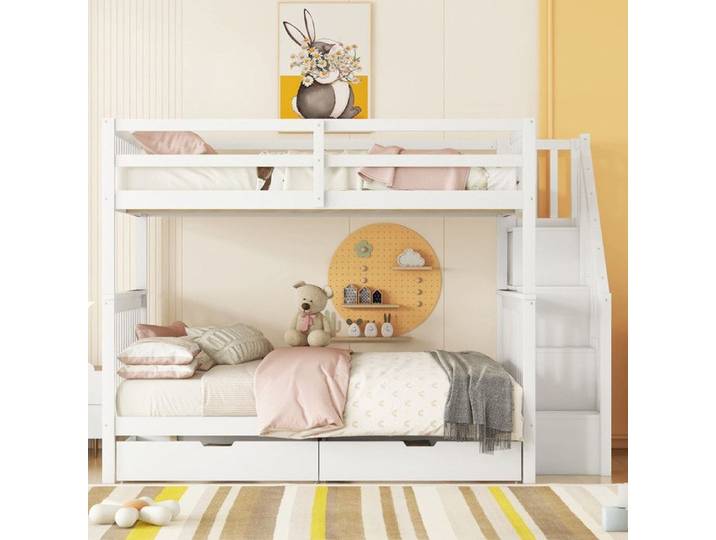 Lit cabane Enfants 140x200cm Enfant antichute lit Mezzanine superposé étagère d'escalier équipé 2 tiroirs Garde-Corps Hauts Blanc