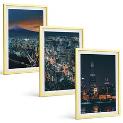 BILDER SET 3er Set - 40x60 cm Goldrahmen - Bergpanorama der Stadt bei Nacht