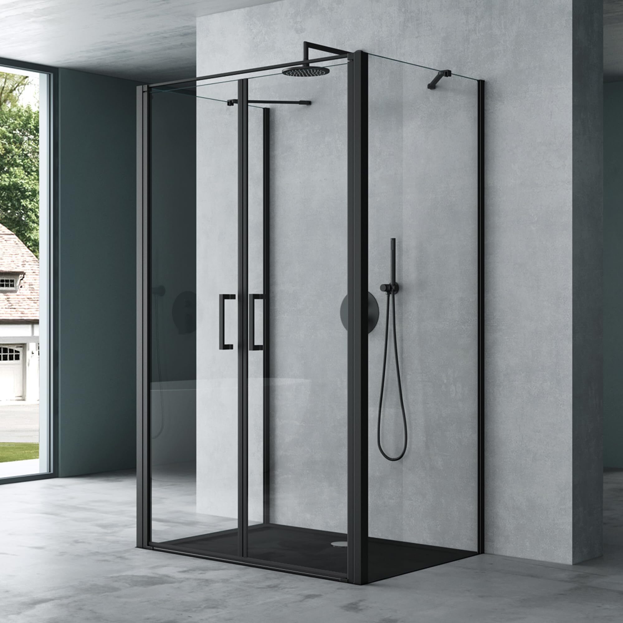 Mai & Mai Duschabtrennung 75x100 Duschkabine in U-Form Aluminiumrahmen ESG-Sicherheitsglas Klarglas Doppeltüre Schwarz Ravenna66UK