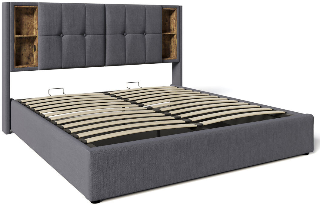 LIFE CARVER Upholstered Linen Lift Up Storage Ottoman Bed Grey Kingsize (5')