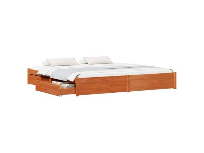 KKgypkn Massivholzbett Kiefer mit Schubladen 200 x 200 cm Bettrahmen Wachsbraun Stauraumbett