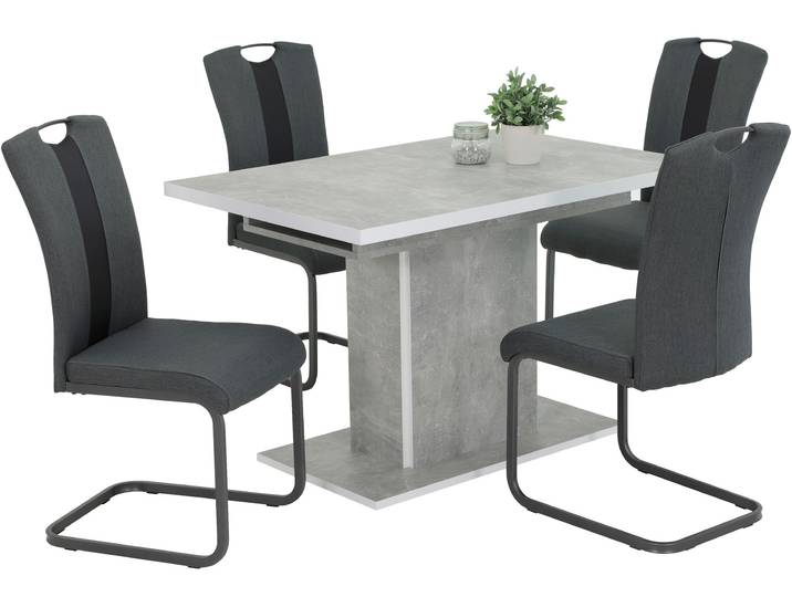 Essgruppe HELA DONAU , grau (betonoptik, weiß, anthrazit, grau, grau, grau), Kunstleder Webstoff, Einlegeplatte, Betonoptik/Weiss,Anthrazit/Grau, Holzwerkstoff, Kunstleder, Metall, Stoff, Sitzmöbel-Sets, Essgruppe, Säulentisch;Einlegeplatte;ausziehbar;Schwinger;Griff