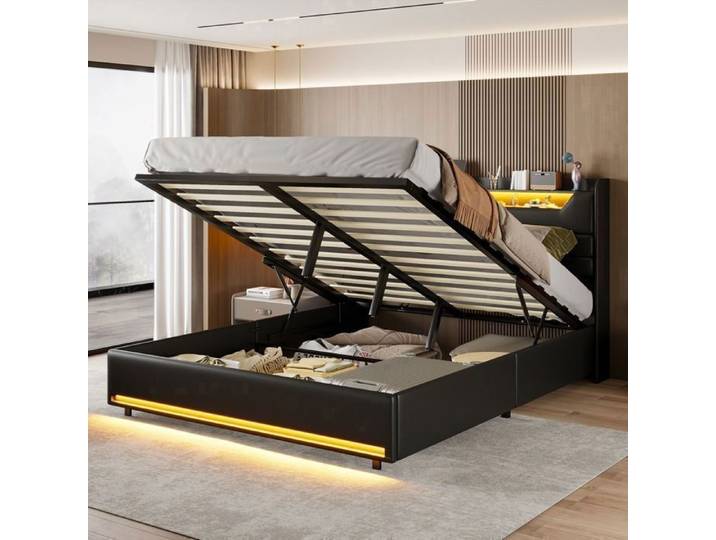 Lit 160x200 - RWUDV - 160x200 - LED intégrée - litcoffre 160x200 coffre - Tête de lit avec rangement USB - lit avec sommier -PU Noir