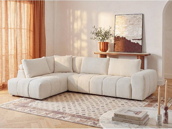 Ecksofa links mit Chenille-Stoff in Beige CLENALI