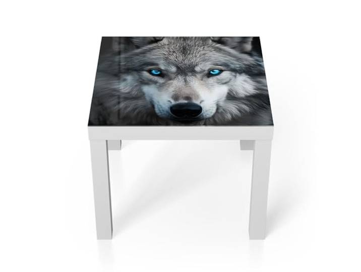 DEQORI Glastisch weiß klein 55x55 cm Motiv Eiskalter Blick ausgefallener Beistelltisch aus Glas Hochglanz Couchtisch fürs Wohnzimmer moderner Couch Tisch mit Design