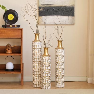 Set of 3 White & Gold Leaf Metal Floor Vases - Graduated Heights for Modern Home Decor - Antique White