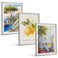 BILDER SET 3er Set - 40x60 cm Silberner Rahmen - Ansichten von Positano mit Zitronen