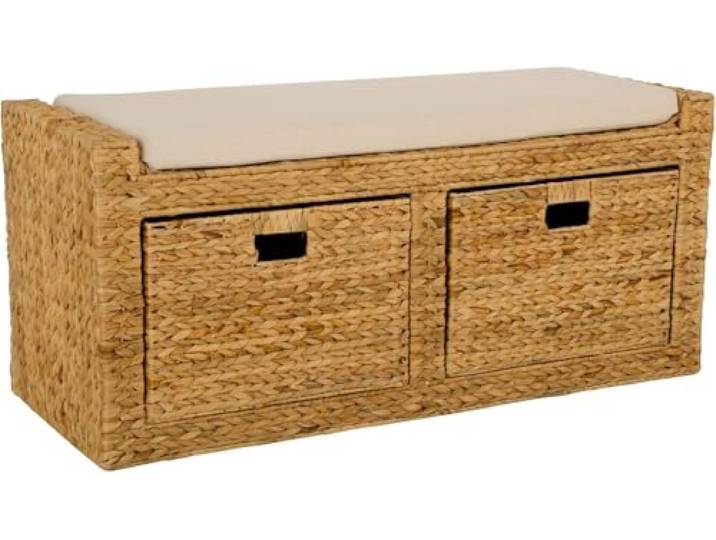 VIVANNO Truhe Sitzhocker Lorante - Sitzbank mit Kissen, Wasserhyazinthe Natur-Optik Geflecht auf Drahtrahmen, 100x40x45 cm, mit 2 Stauräumen und waschbarem Stoffbezug für Bad und Wohnraum