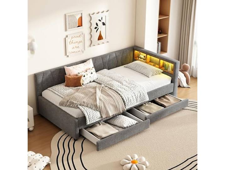 okwish Polsterbett Schlafsofa 90x200 cm Einzelbett, Daybett Funktionsbett mit LED & USB+TypC, Tagesbett Stauraumbett mit Schubladen, Gepolstertes Bettgestell mit Lattenrost, Leinen Grau, ohne Matratze