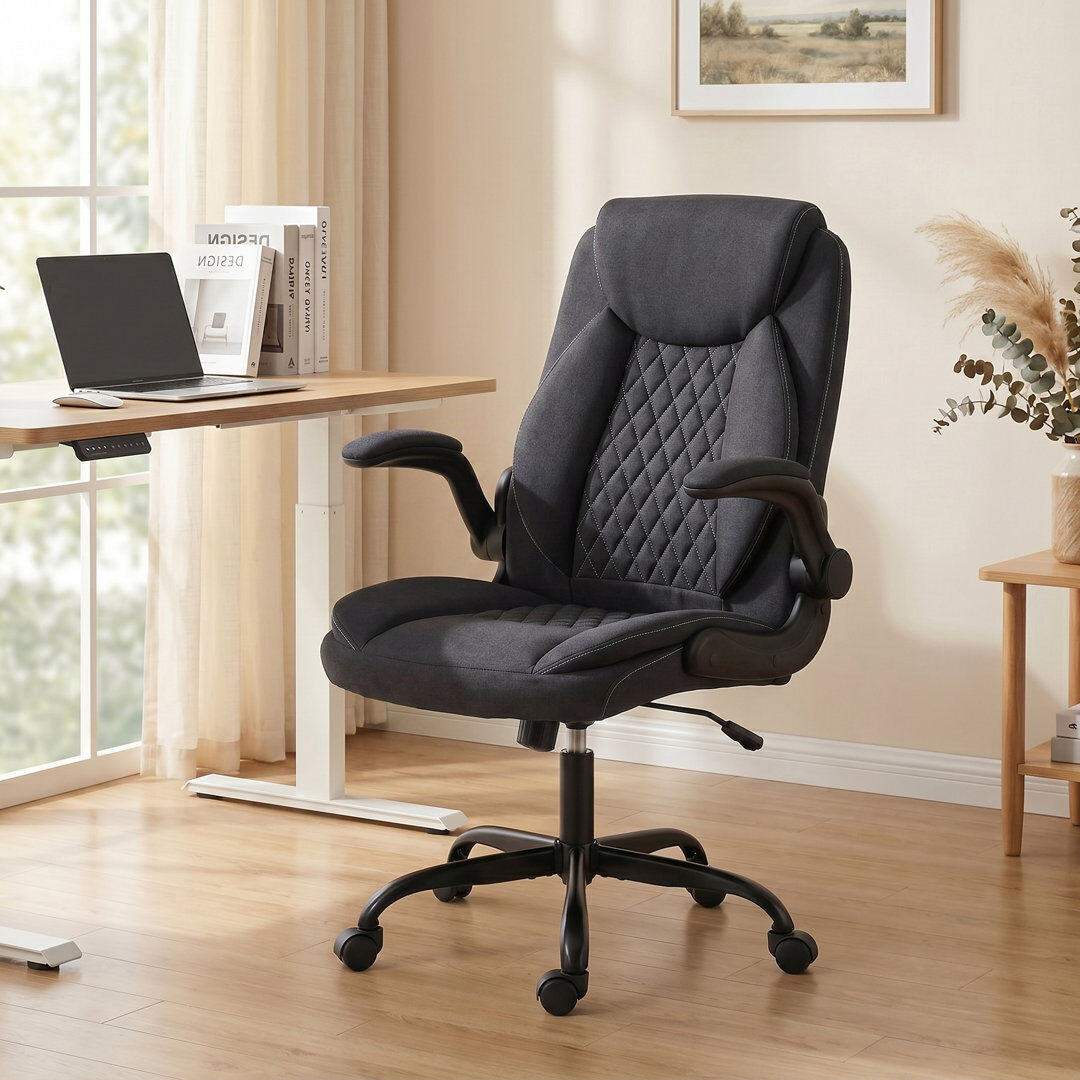 Inbox Zero PU Leather Office Desk Chair with Thick Cushion, Black Polyeste/Linen/Black 67cm W X 65cm D