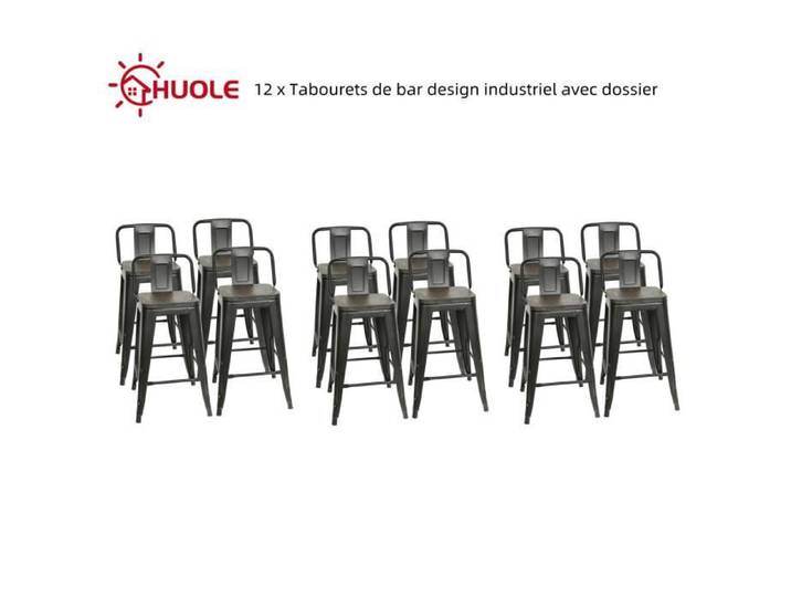 Lot de 12 Tabourets de bar design industriel HUOLE - Noir avec dossier - H 84 cm