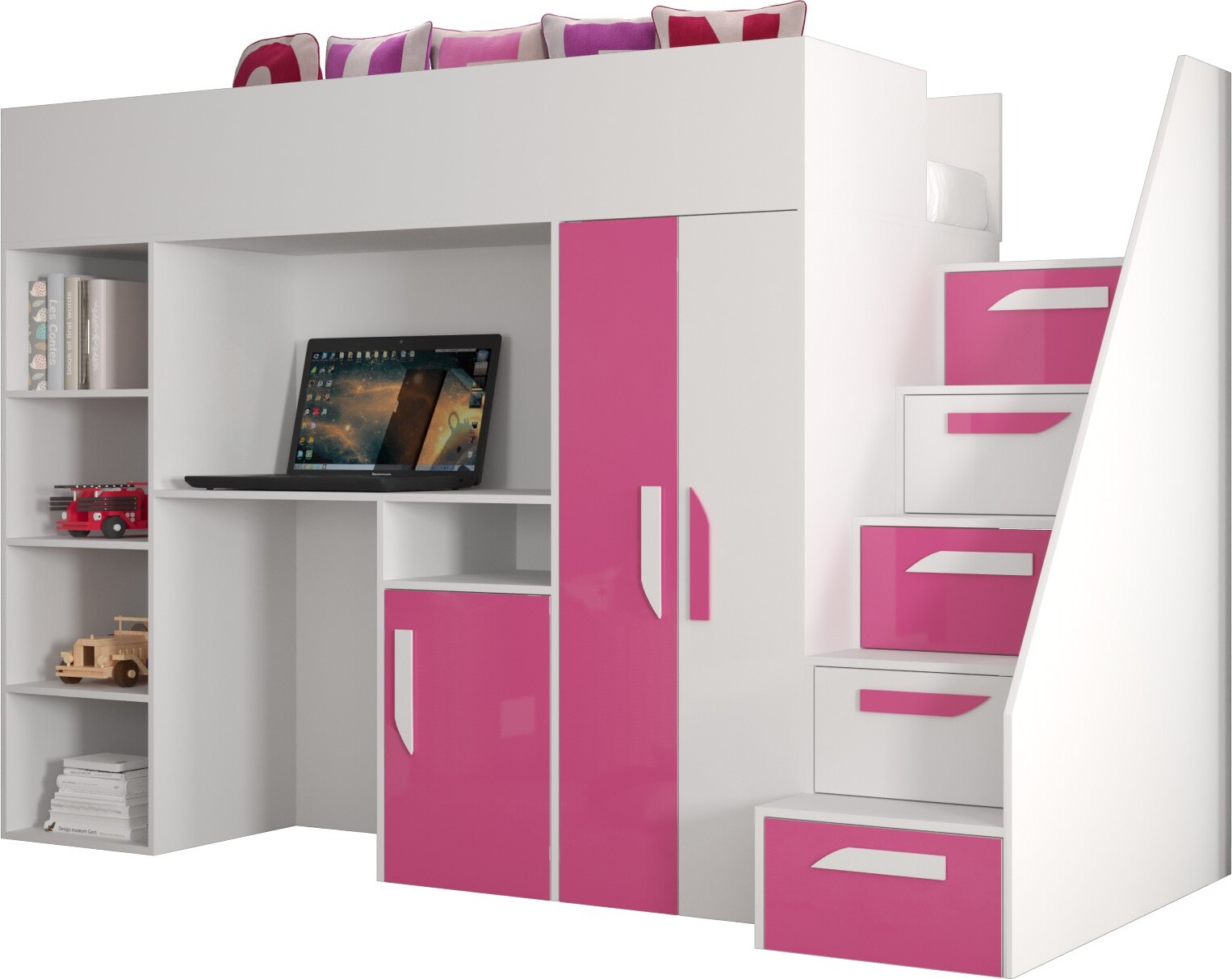 Etagenbett für Kinder Party 14 Stockbett mit Treppe und Bettkasten (Weiß + Rosa Glanz)