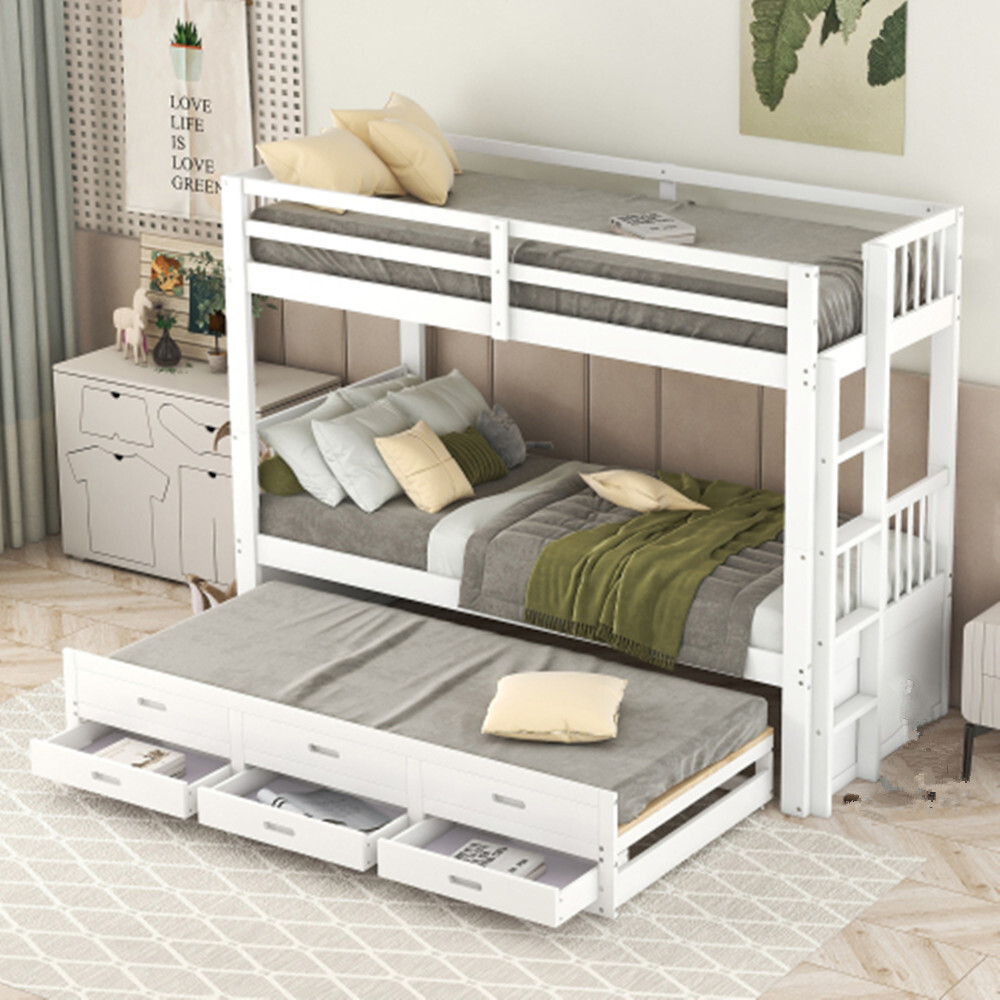 Etagenbett,Kinderbett, Hausbett,Bettgestell mit Leiter undausziehbarem Bett und 3 Schubladen 90x200cm