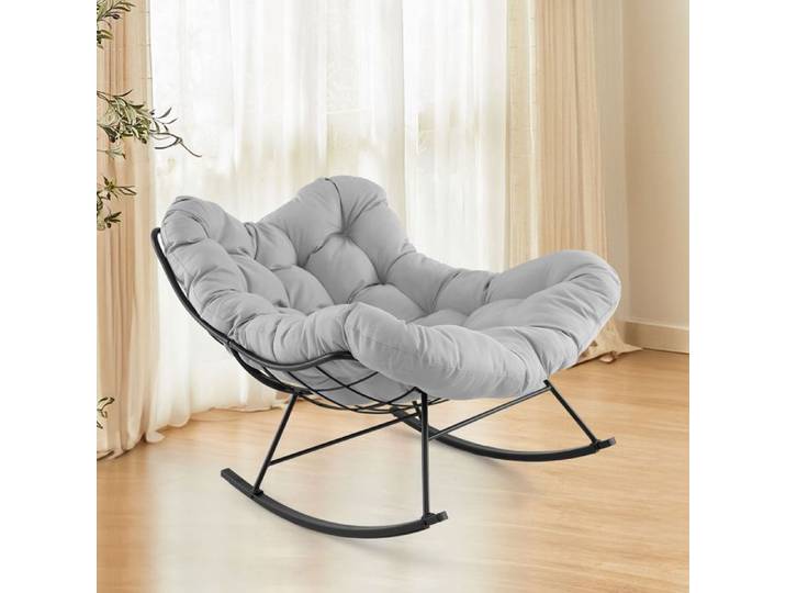 GIANTEX Fauteuil à Bascule Chaise Papasan en Forme d'Oeuf avec Coussin Epais Charge 205 kg pour Salon Jardin Chambre Gris