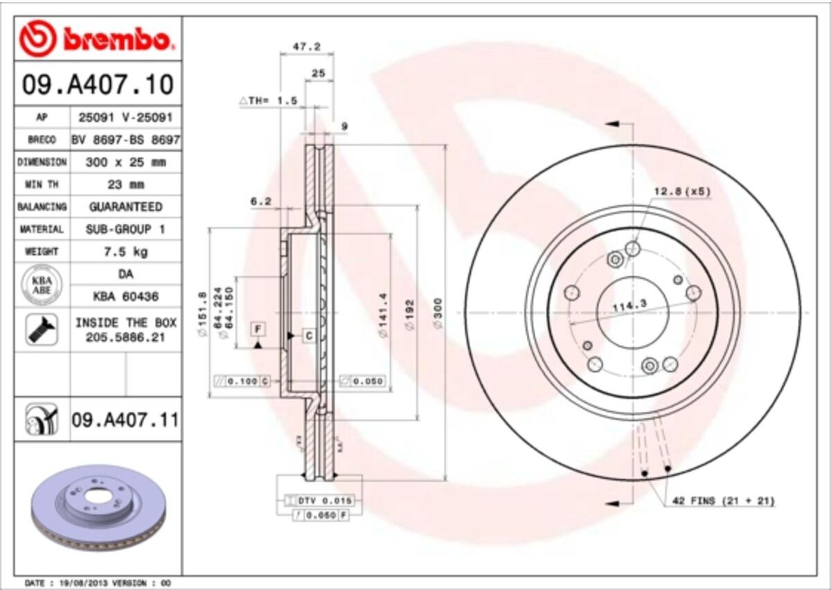 Bremsscheibe BREMBO 09.A407.11, vorne, belüftet, 1 Stück