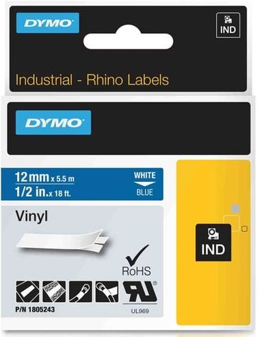Dymo 1805243 fita vinilo 12MM branco sobre azul