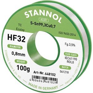Stannol Lötzinn HF32 ROL0, Flussmittel, bleifrei, Ø 0,8mm, 99,3% Zinn, 0,7% Kupfer, 100g