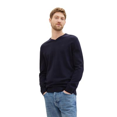 V-Ausschnitt-Pullover TOM TAILOR, Herren, Gr. L, blau (knitted navy melange), Strick, Obermaterial: 100% Baumwolle, meliert, regular fit normal, V-Ausschnitt, Rippbündchen, Pullover, mit kleiner Logo-Stickerei