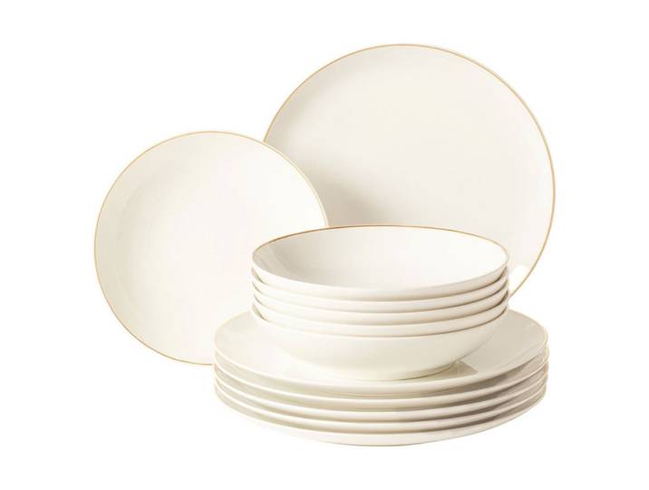 Seltmann Weiden Geschirr-Set Seltmann Weiden Tafelservice 12-teilig Savona Oro mit Goldrand, Porzellan