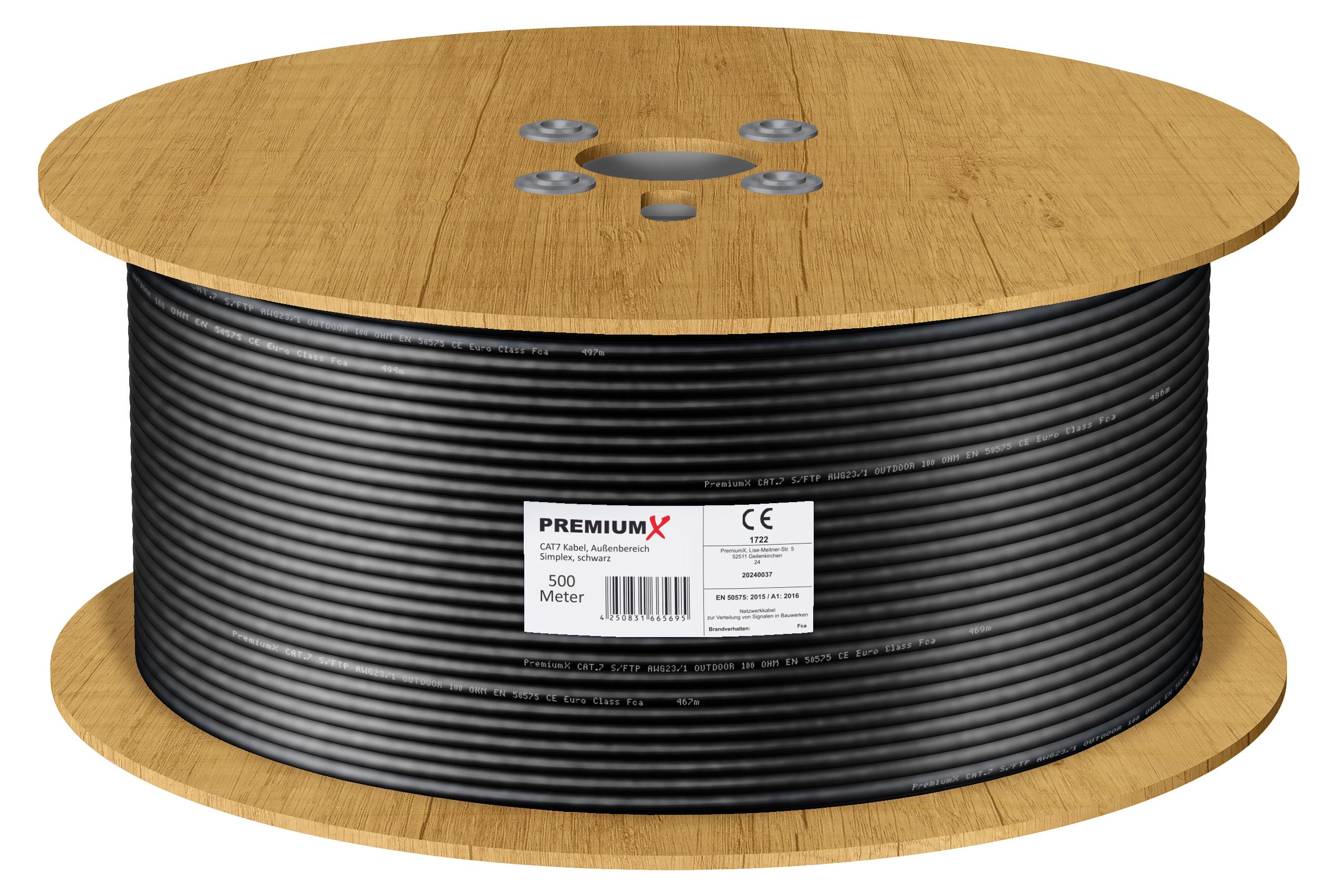 PremiumX 500m CAT 7 Outdoor Netzwerkkabel S/FTP 10 Gbit/s PE AWG23/1 Cat7 schwarz