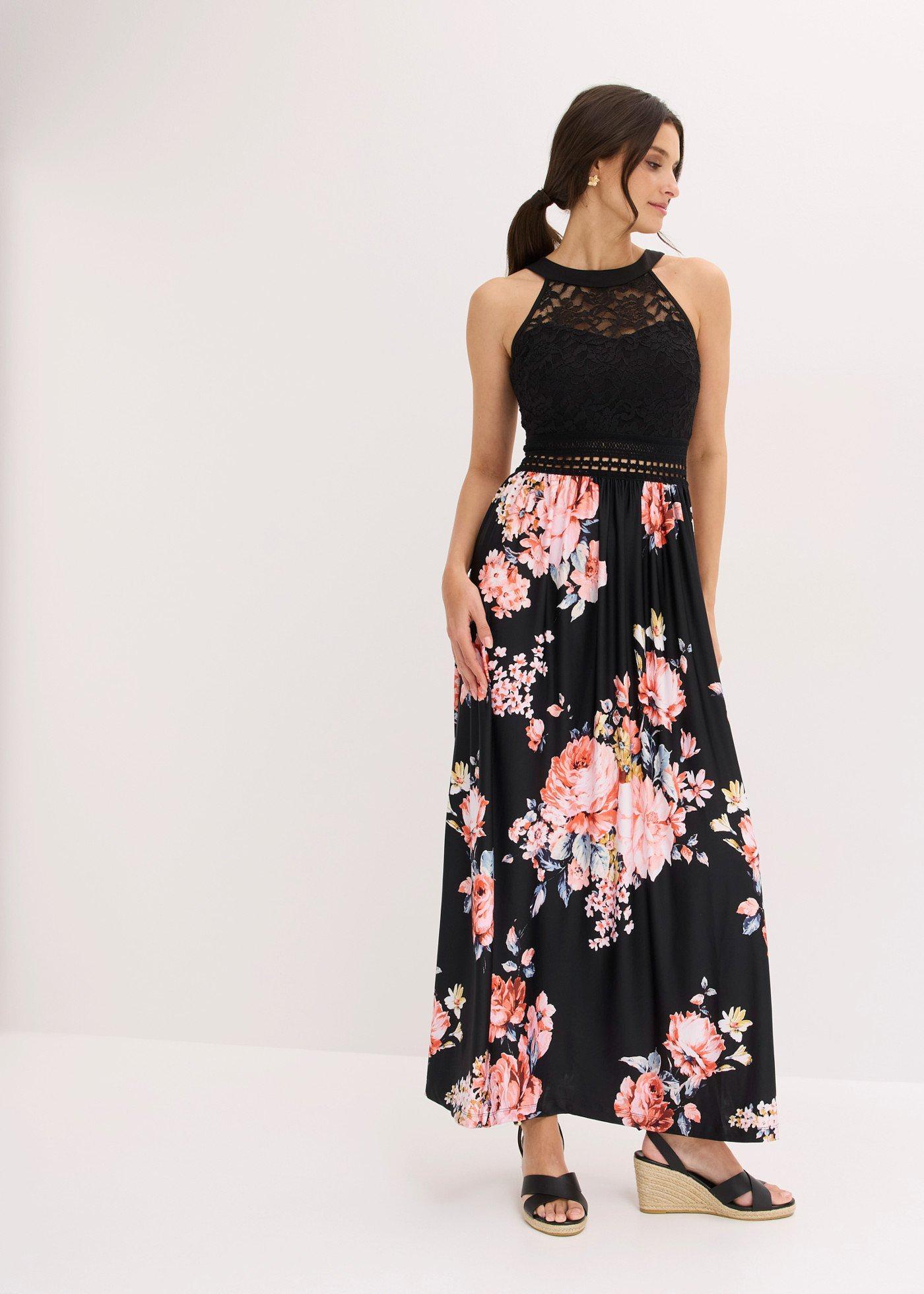bonprix Maxikleid mit Spitze, schwarz, Gr.40, Jerseykleid mit Spitzen-Oberteil