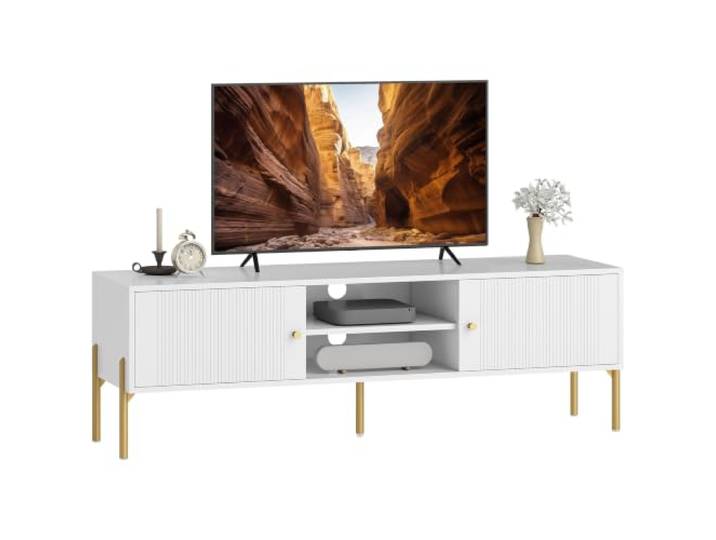 HOMCOM TV-Ständer mit Entertainment-Center, bis 65 , Weiß 2 offene Regale, 2 Schränke, Metallbeine, TV-Konsole, 2 Kabeldurchführungen, Wohnzimmer