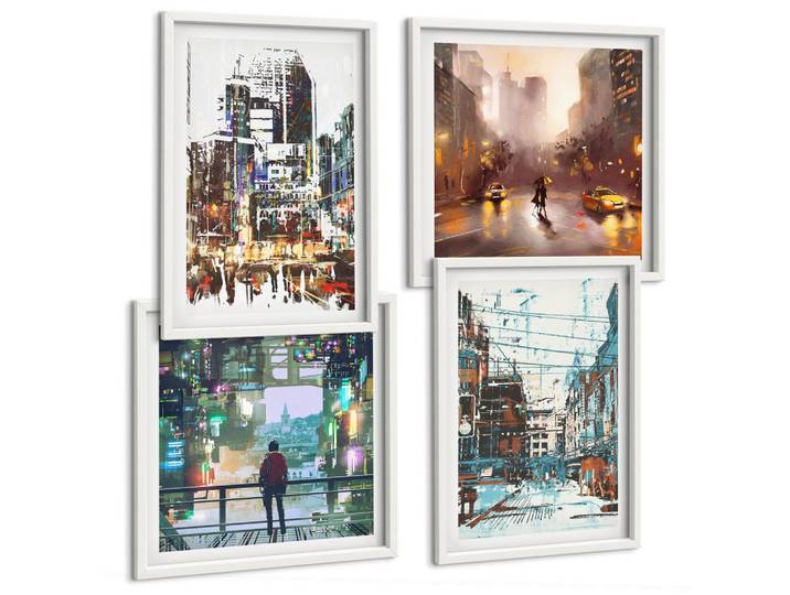 BILDER SET 4er Set - 50x50 cm & 40x60 cm Weißer Rahmen - Moderne, farbenfrohe Städte mit Charakteren