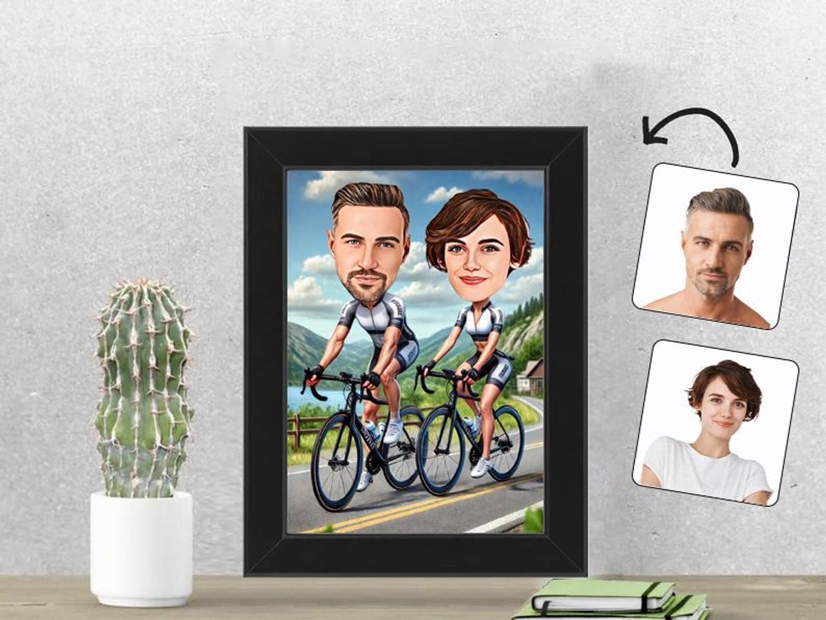 Gepersonaliseerde Karikatuur Fotolijst Fietsend Stel - 13 x 18 cm