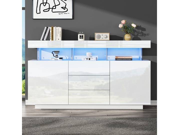 Buffet moderne brillant - Acrylique blanc - Dimensions 140x35x80 cm - Éclairage LED 16 couleurs - Télécommande incluse