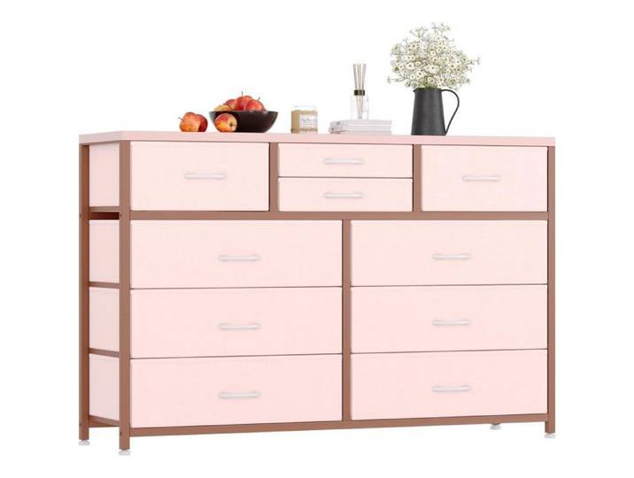 COMMODE DE CHAMBRE Commode de Rangement Moderne à 10 tiroirs en tissu Armoire pour Chambre Structure Acier Robuste 116x35x80 cm Rose