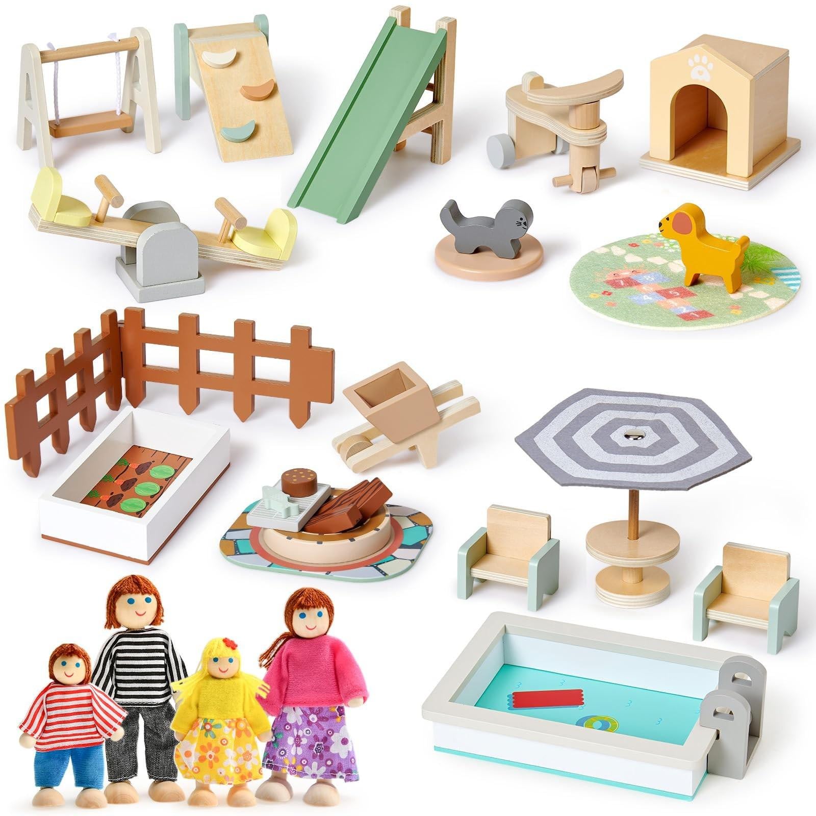 26 Stuks Houten Poppenhuis Meubels Set met 4 Figuren