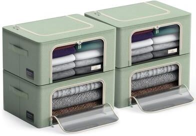 Sorbus Storage Bins with Metal Frame Stackable Foldable Clothes Organizer Bags Oxford Fabric & Clear Window & Handles- 4Pk