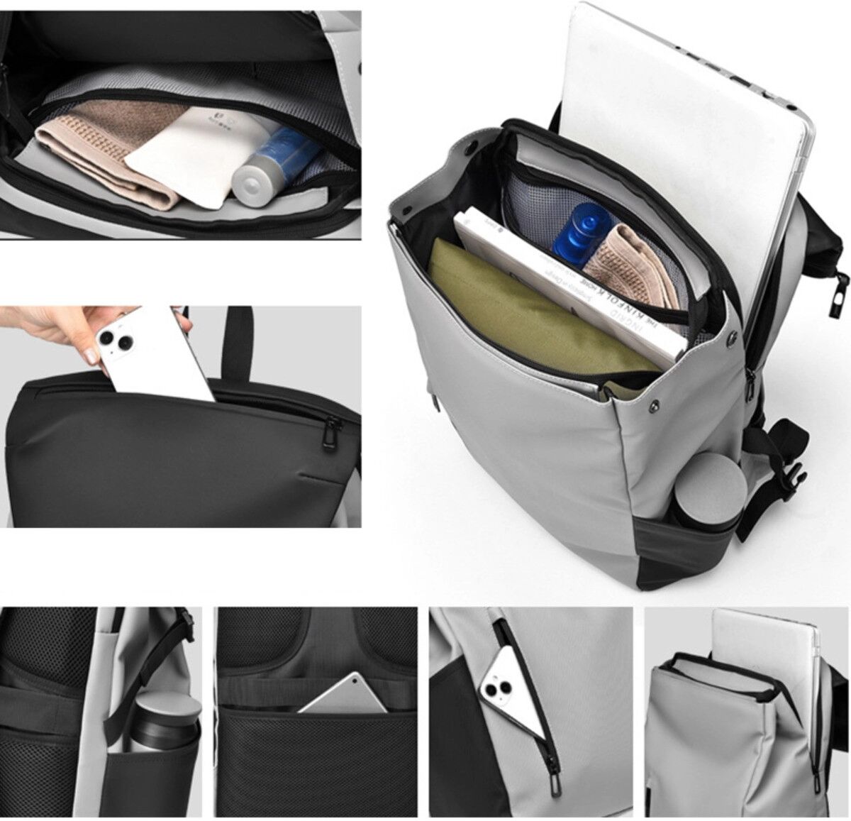 INF Großer Pendler-Rucksack mit viel Fassungsvermögen - Wasserabweisendes PU+Polyester, passt 15 inch Laptop, Multi-Fach Grau