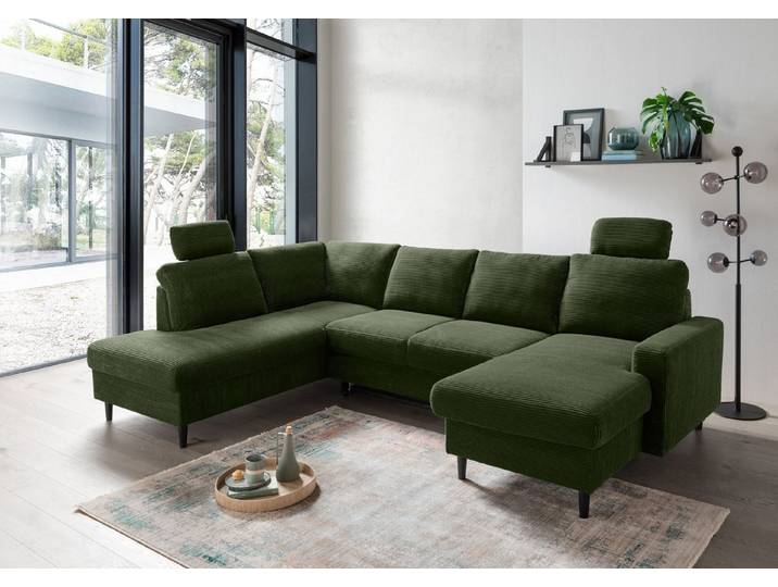 freiraum Wohnlandschaft Pris, U-Form, Funktionen, cord Moosgrün - 153x305x75x200 (LxBxHxT)